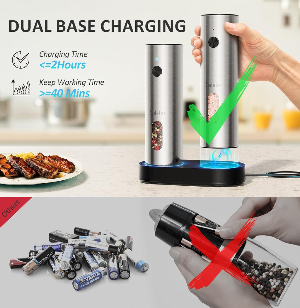 Salt and Pepper Grinder Set Electric,Rechargeable Salt and Pepper Shakers Stainless Steel with USB C Dual Charging Base,Upgraded Large Capacity,Adjustable Coarseness,LED Light,Ideal for Mom