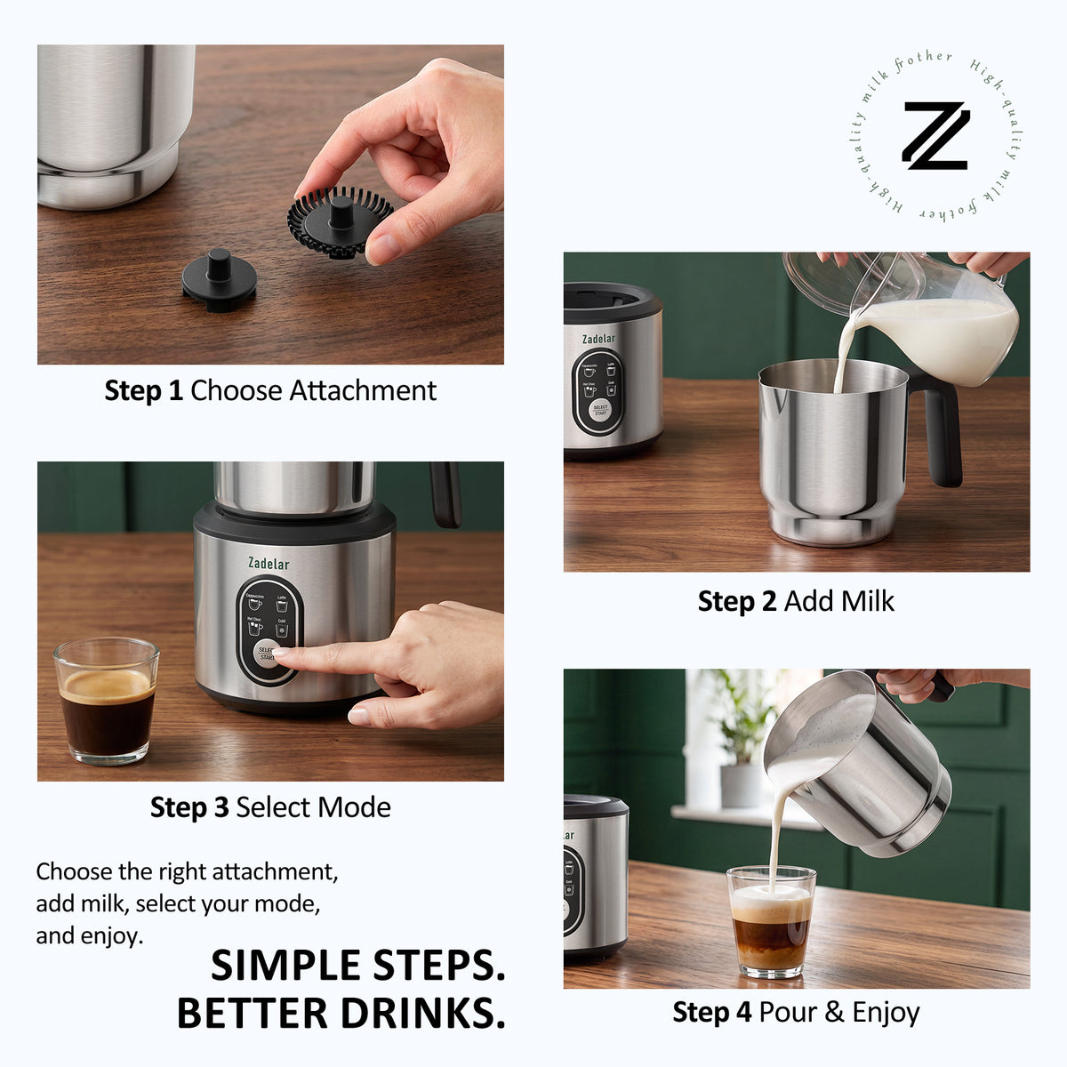 Milk Frother and Steamer, 4-in-1 Electric Milk Frother for Hot & Cold Foam, Detachable Stainless Steel Milk Steamer and Coffee Frother for Latte, Cappuccino, Hot Chocolate, Forest Green Mat